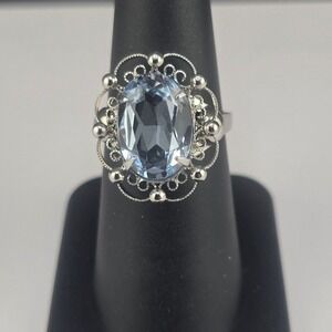 Vintage Estate Ring Blue Oval Filigree Silver Tone Cocktail 7.25